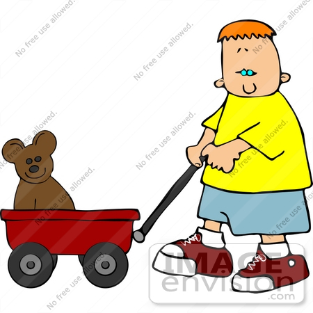 450x450 Boy Pulling A Teddy Bear In A Red Wagon Clipart