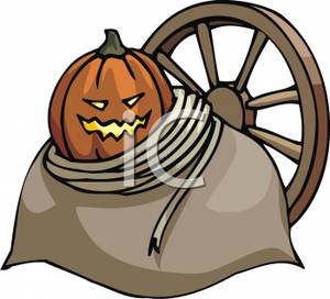 300x272 Of A Pumpkin In A Bag With A Rope , A Wagon Wheel Behind The Bag