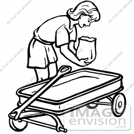 450x450 Clipart Of A Retro Girl Putting A Bag In A Wagon In Black