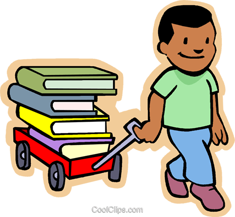 480x442 Little Boy Pulling A Wagon Load Of Books Royalty Free Vector Clip