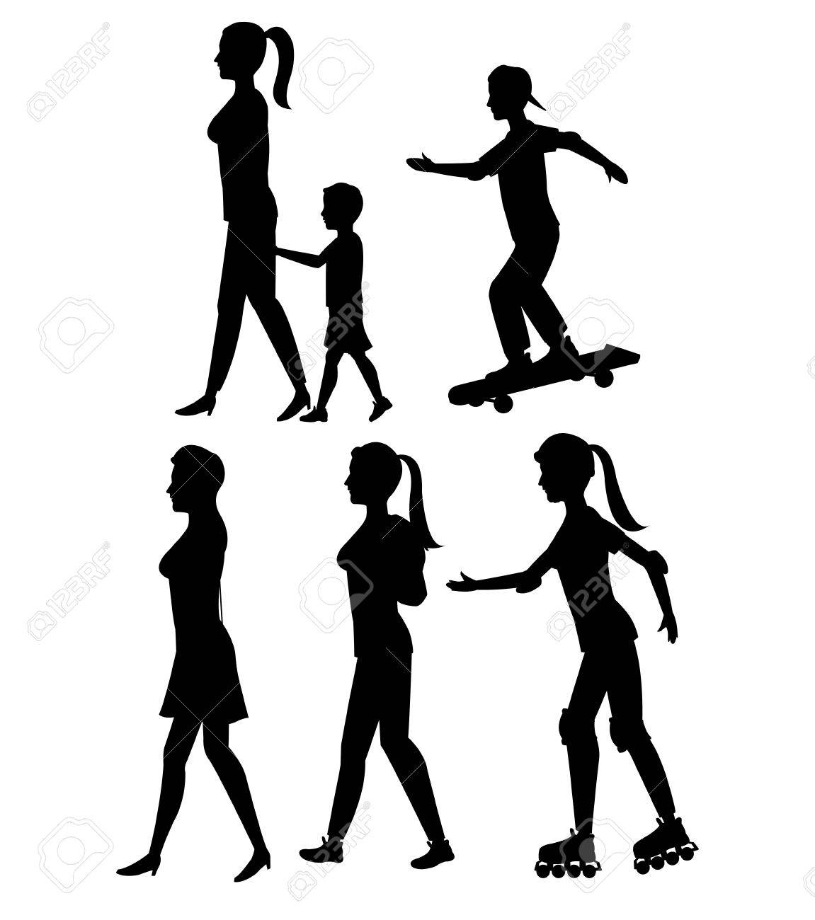 1151x1300 Collection Silhouette Person Walk And Skate Roller Vector