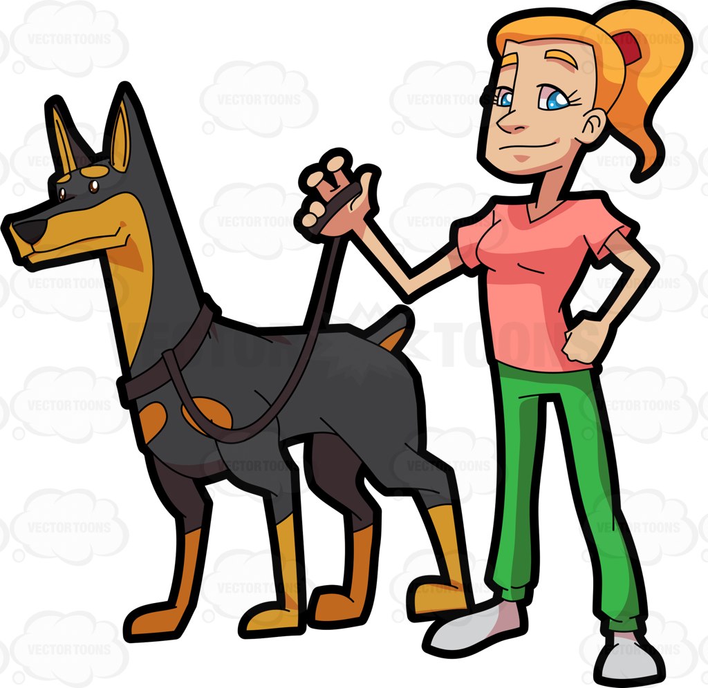 1024x996 A Confident Woman Walking Her Pet Doberman Cartoon Clipart