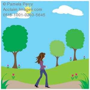 300x300 Clip Art Illustration Of A Young Woman Walking In A Park