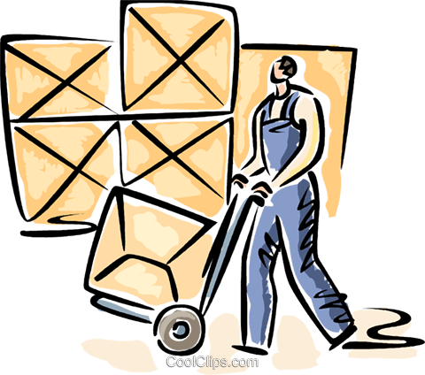 480x424 Warehouse Worker Is Moving Boxes Royalty Free Vector Clip Art