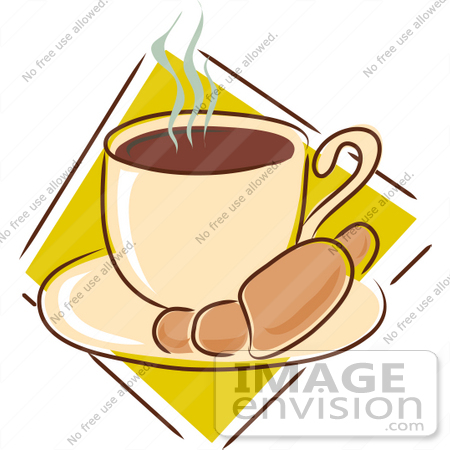 450x450 Clipart Of A Warm Croissant On A Saucer With A Steamy Cup Of Hot