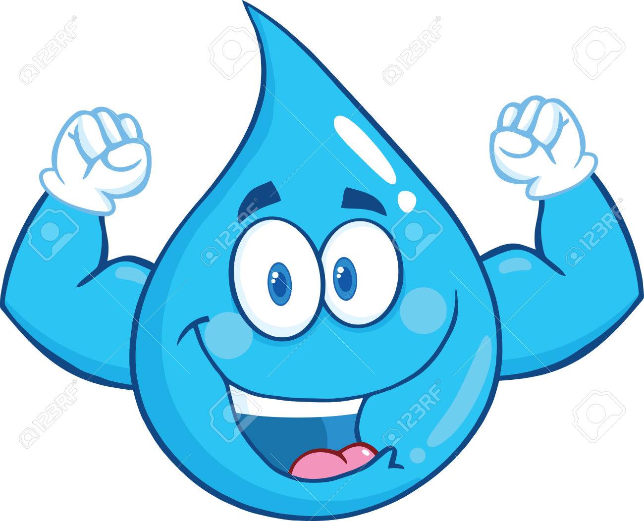 1300x1052 Water Drop Character Showing Muscle Arms. Illustration Isolated