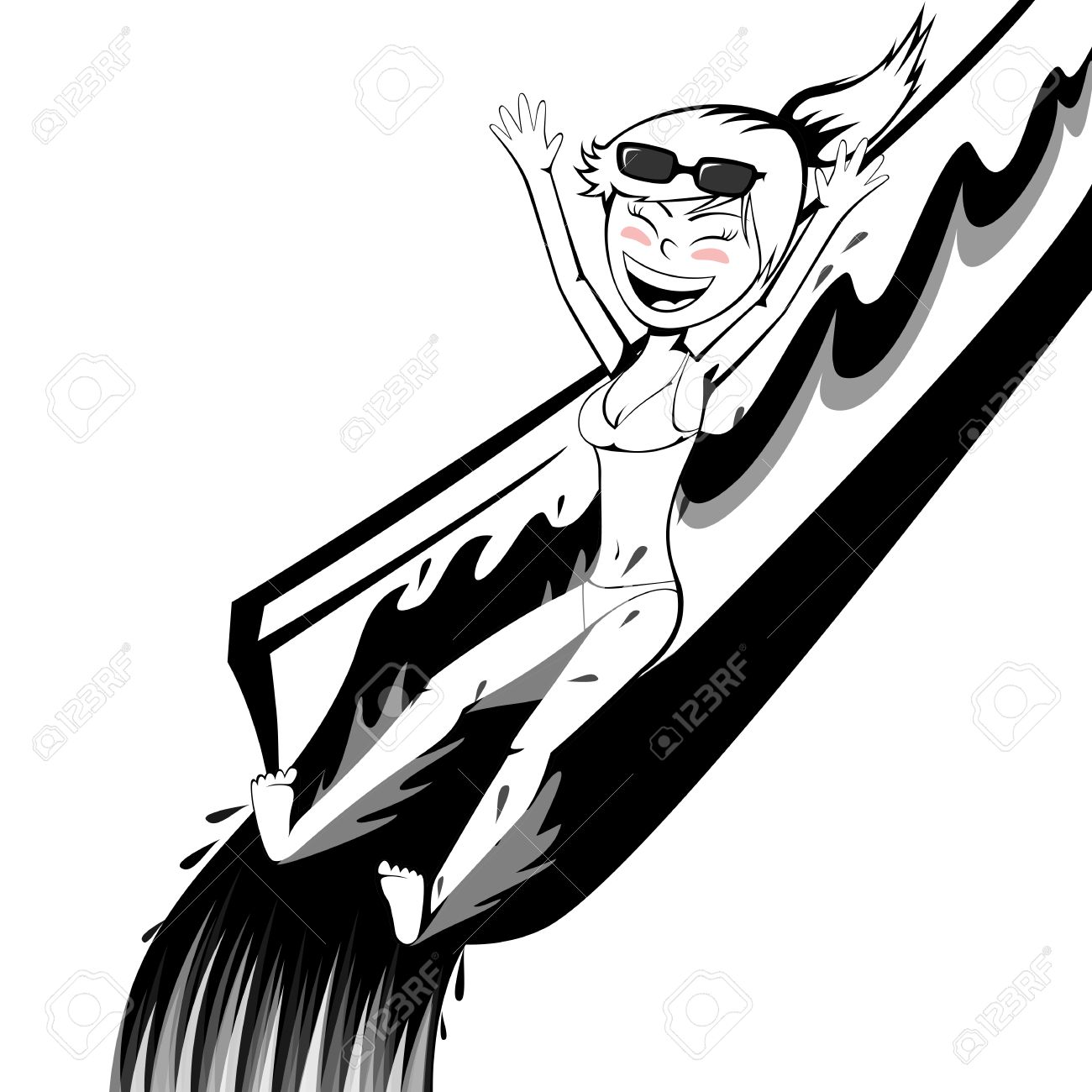 1300x1300 Black And White Cartoon Girl In Water Park Slides Royalty Free
