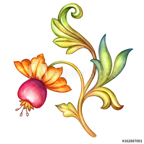 500x500 Watercolor Illustration, Flower, Apple, Green Leaves, Antique