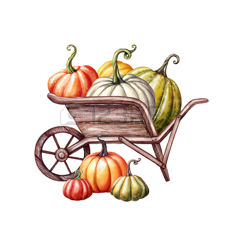450x450 Watercolor Pumpkins In The Wheelbarrow, Thanksgiving, Farm Harvest