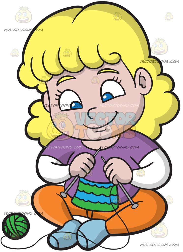 745x1024 A Chubby Girl Knitting A Cute Bib At Peaceful Waterfall Cartoon
