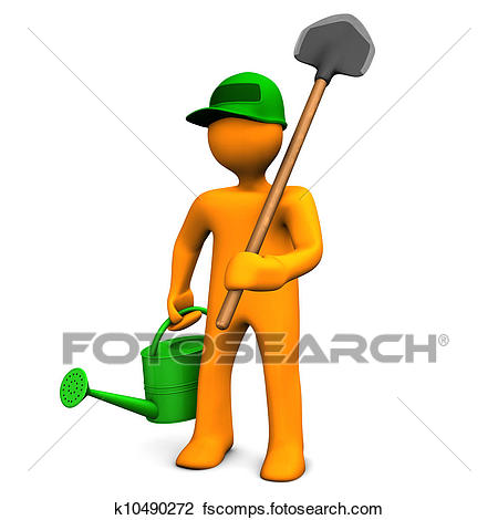 450x470 Clip Art Of Gardener With Watering Can And Spade K10490272