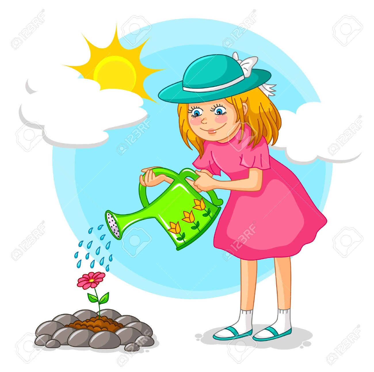 1300x1291 Girl Watering A Flower In The Garden Royalty Free Cliparts