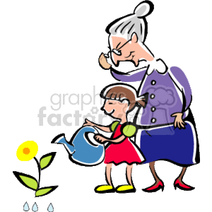 300x300 Royalty Free A Little Girl And Her Grandmother Watering Flowers