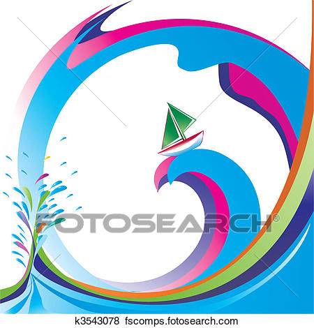 450x470 Clip Art Of Little Boat On Big Rainbow Wave K3543078