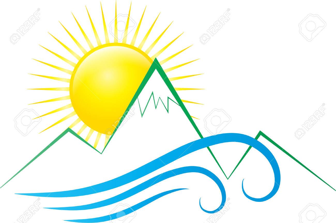 1300x864 Sun Mountains And Waves Royalty Free Cliparts, Vectors, And Stock