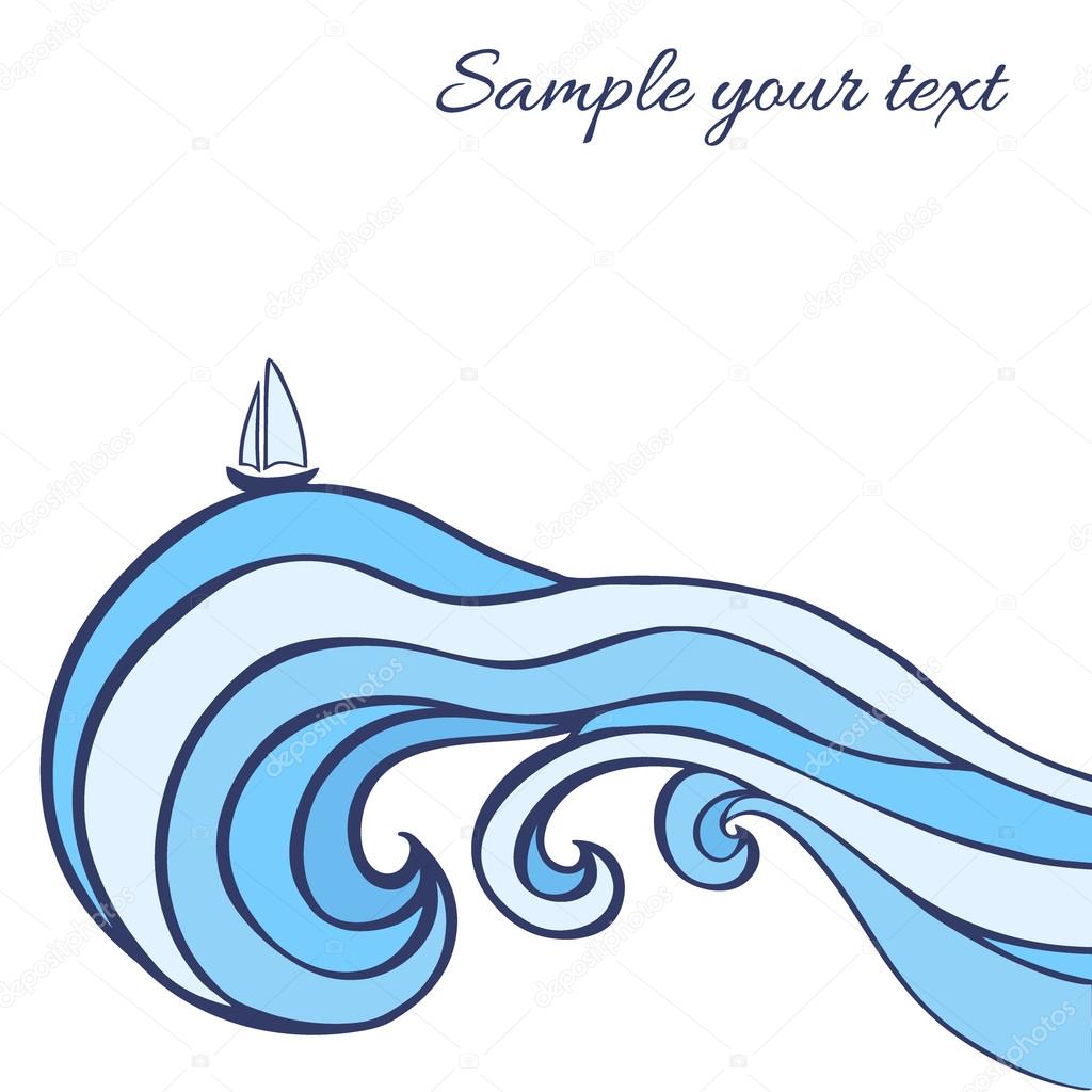 1024x1024 Abstract Blue Sea Waves With Sailboat Isolated On White Background