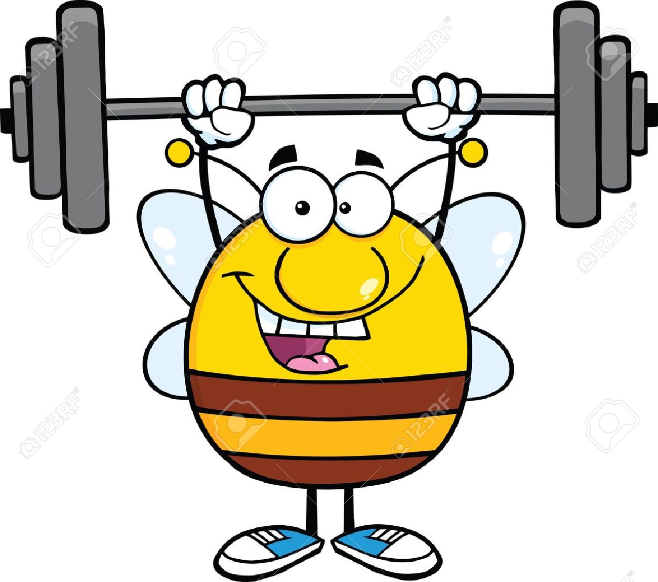 1300x1149 Happy Pudgy Bee Cartoon Mascot Character Lifting Weights Royalty