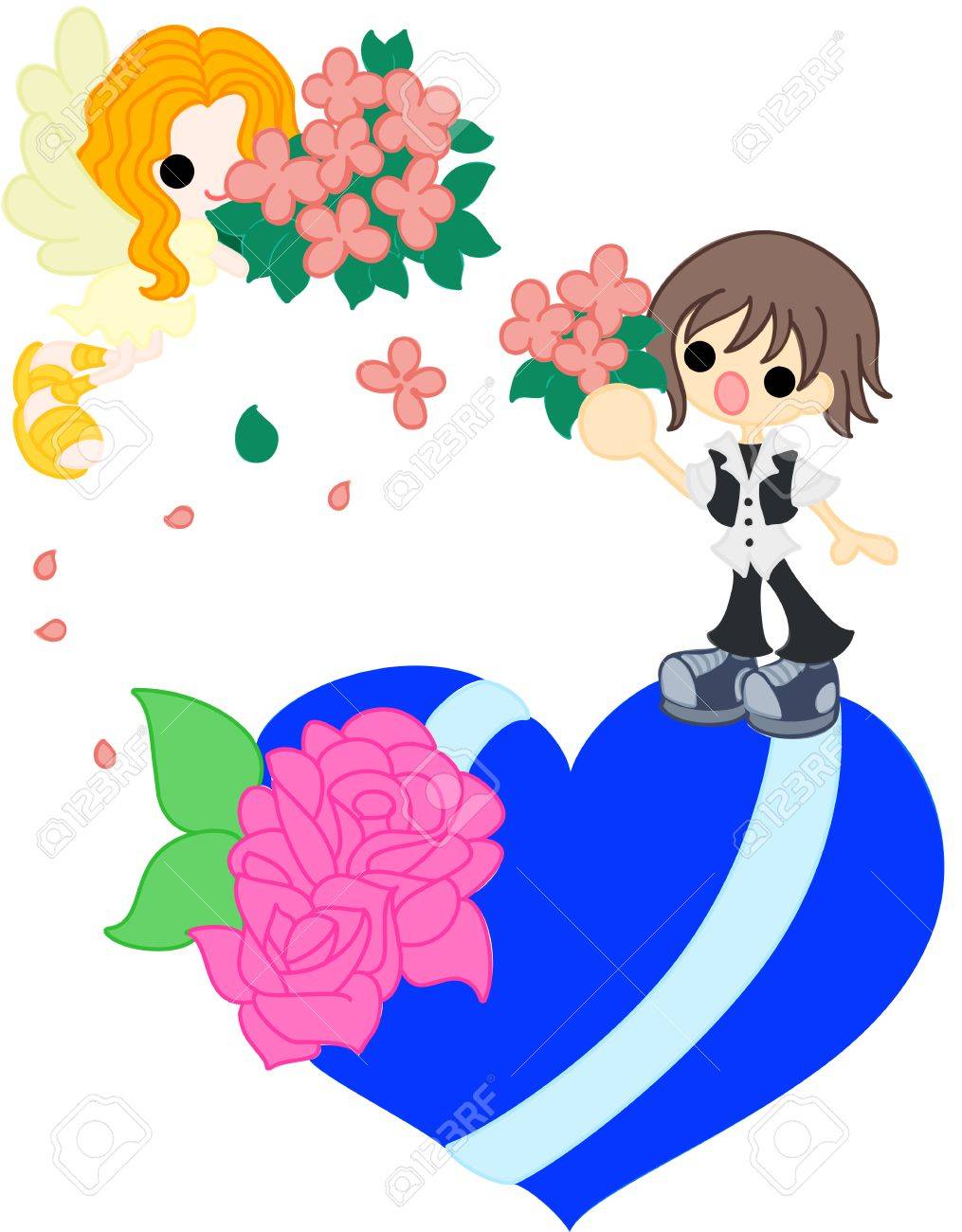 1015x1300 On Blue Heart, An Angel With A Bouquet Went Down Royalty Free