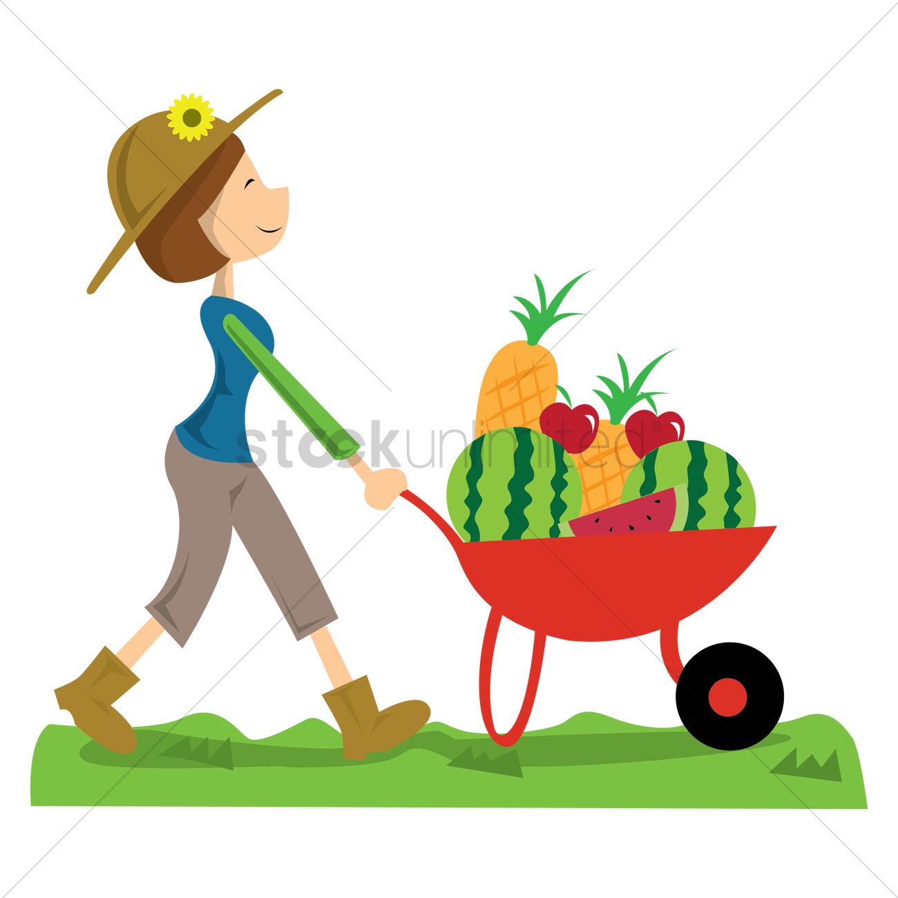 1300x1300 Woman Carrying Fruits And Vegetables In Wheelbarrow Vector Image