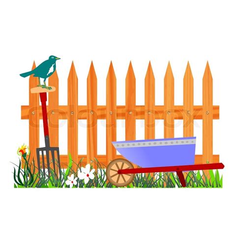 474x474 Wooden Fence And Wheelbarrow Garden Vector Stock, Wood Landscape
