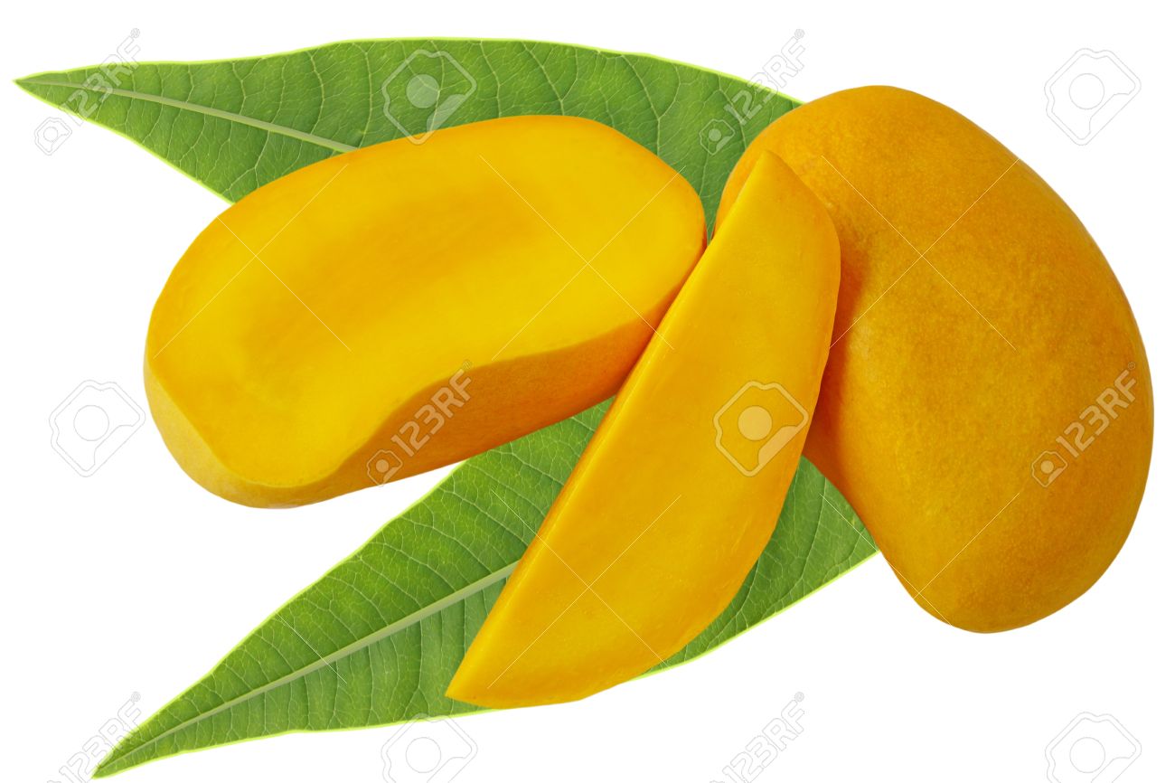 1300x866 Mangoes With Leaves Isolated On White Stock Photo, Picture