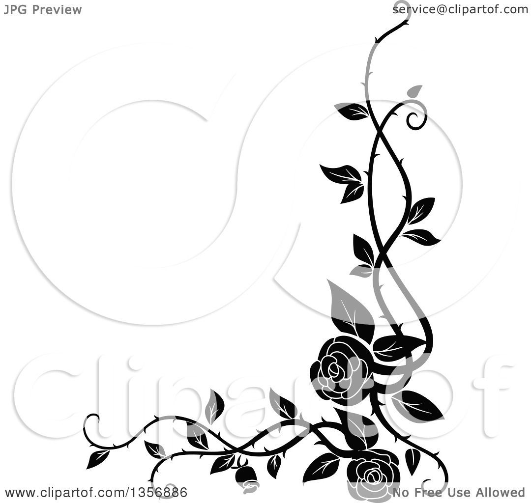 1080x1024 Clipart Of A Black And White Corner Floral Rose Vine Border Design