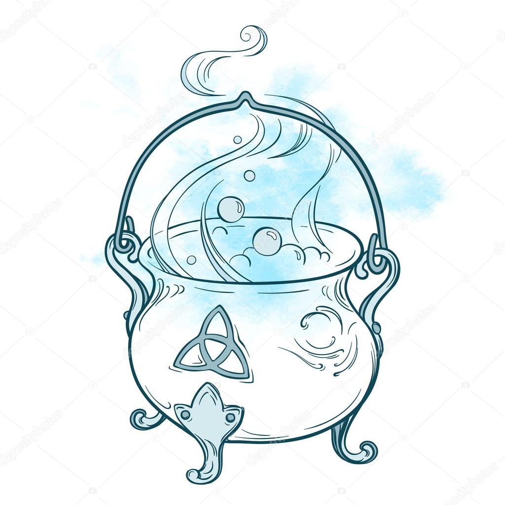1024x1024 Blue Boiling Magic Cauldron Vector Illustration. Hand Drawn Wiccan