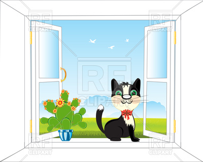 400x320 Cat On Open Window Royalty Free Vector Clip Art Image