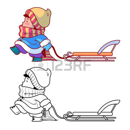450x450 Kid Walking With A Sled. Winter Holiday. Cute Cartoon Character