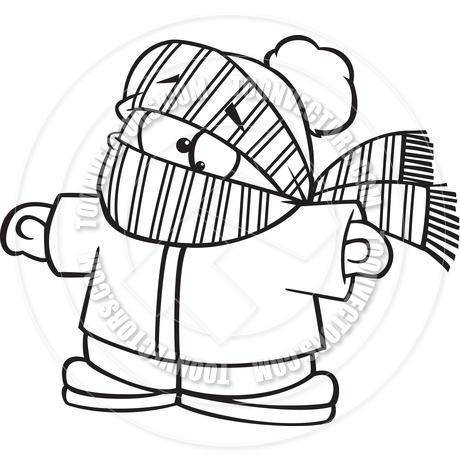 460x460 Cartoon Boy Bundled Up In Winter Clothes (Black Amp White Line Art
