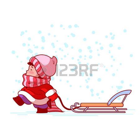 450x450 Kid Walking With A Sled. Winter Holiday. Cute Cartoon Character