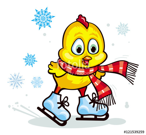 500x460 Cute Chicken In Striped Scarf Ice Skating. Winter Holiday