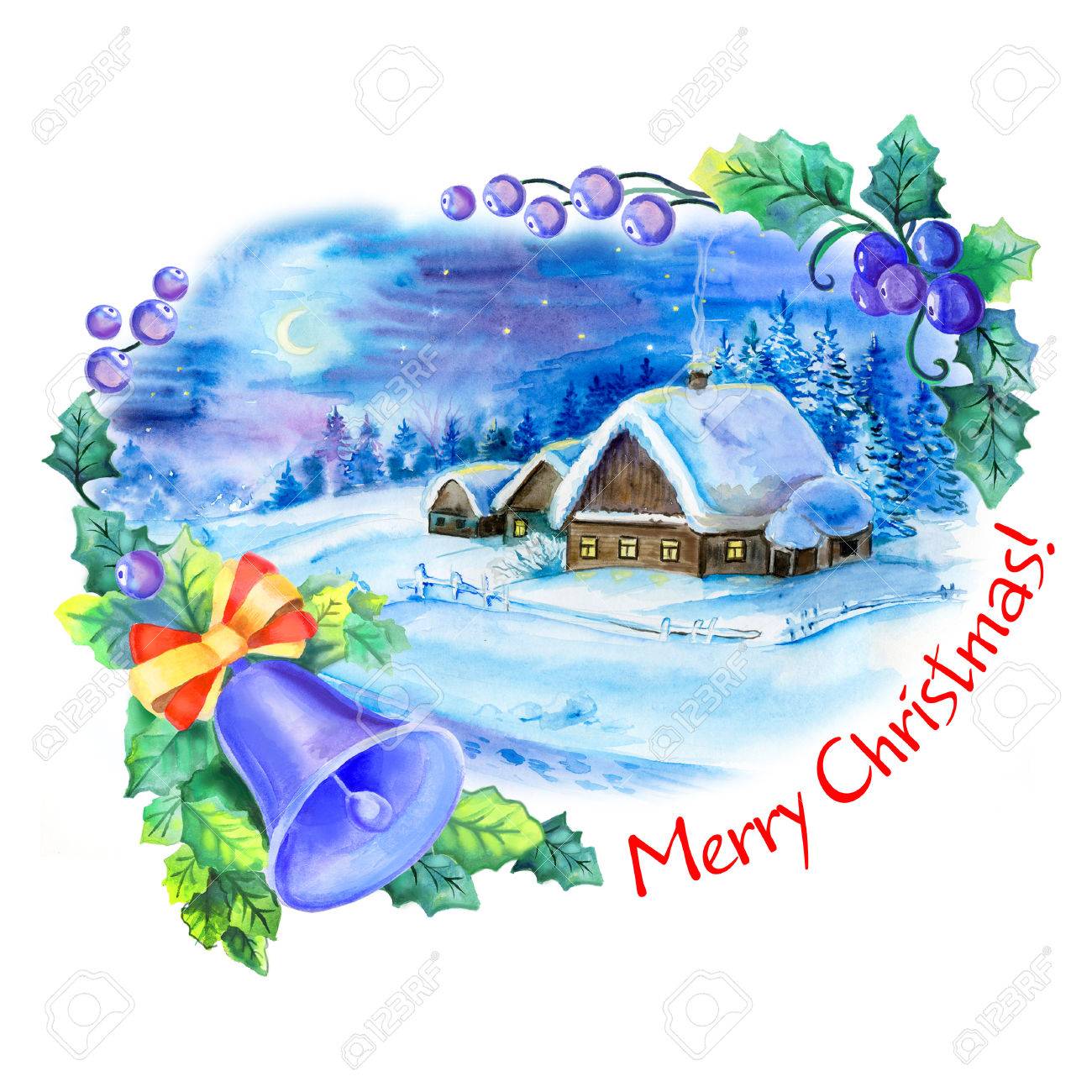 1300x1300 Winter Time. Watercolor House With Snow On The Background