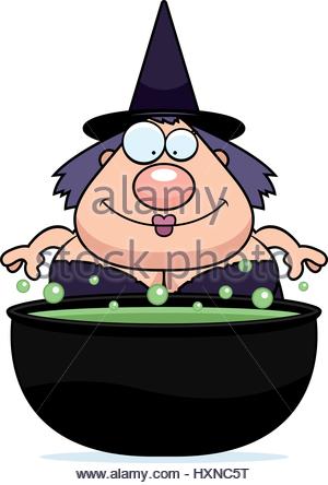 300x444 A Cartoon Illustration Of A Witch With A Bubbling Cauldron Stock