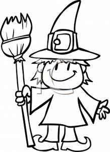 218x300 Black And White Cartoon Of A Child Dressed As A Witch, And Holding