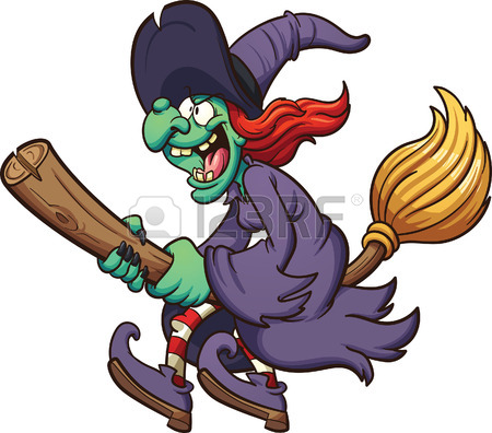 450x396 Crazy Cartoon Witch Flying On Her Broom. Vector Clip Art