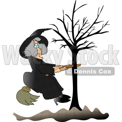 400x400 Witch In Black, Sitting On A Broom That Is Stuck In A Bare Tree