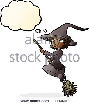 300x348 Cartoon Witch Riding Broomstick With Thought Bubble Stock Vector