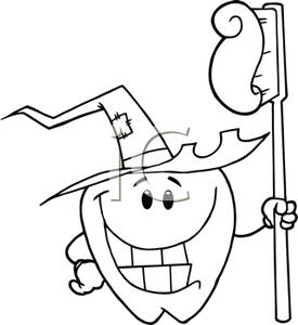 275x300 Cartoon Outline Of A Smiling Tooth Wearing A Witch Hat And Holding