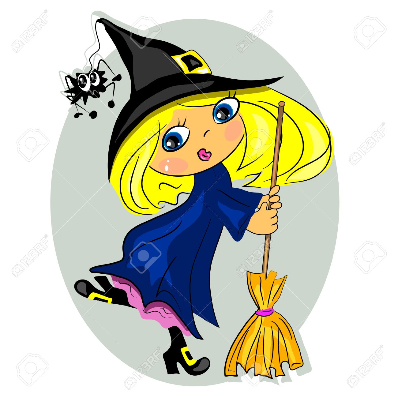 1300x1300 Halloween Witch Dancing With Broom. Black Hat With Spider Royalty