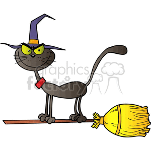 300x300 Royalty Free Black Cat Riding On A Witch Broom 383608 Vector Clip