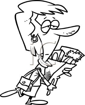 281x350 Black And White Cartoon Of A Tired Woman With A Bag Of Groceries