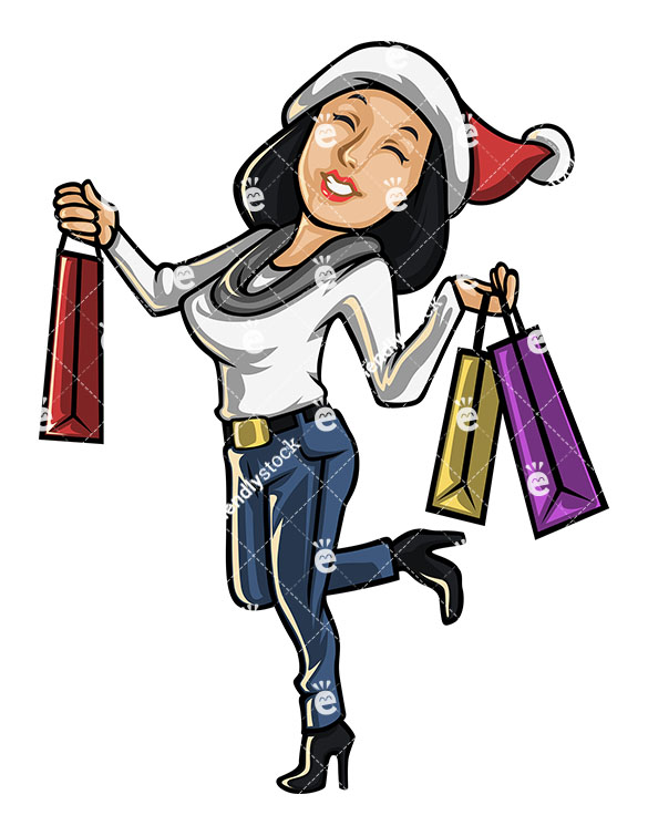 585x755 Cheerful Woman Going Christmas Shopping Cartoon Vector Clipart