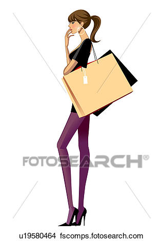 318x470 Drawings Of Side View Of Young Woman Standing With Shopping Bags