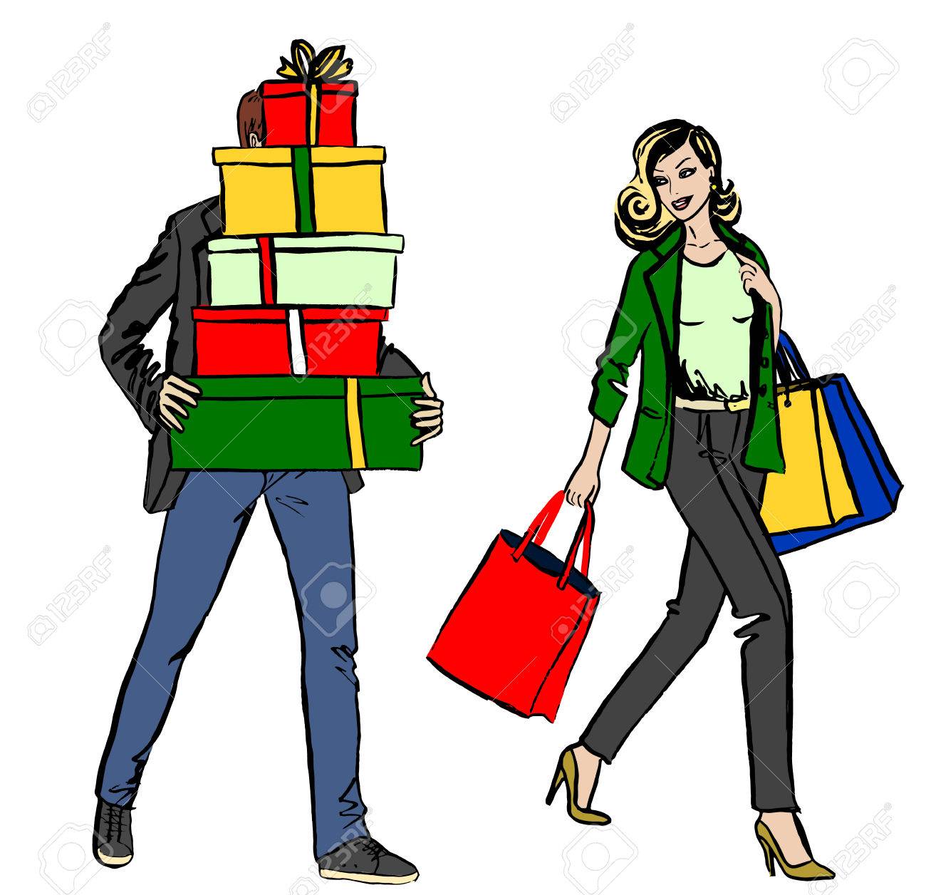 1300x1256 Fashion Illustration Of Happy Smiling Woman With Shopping Bag