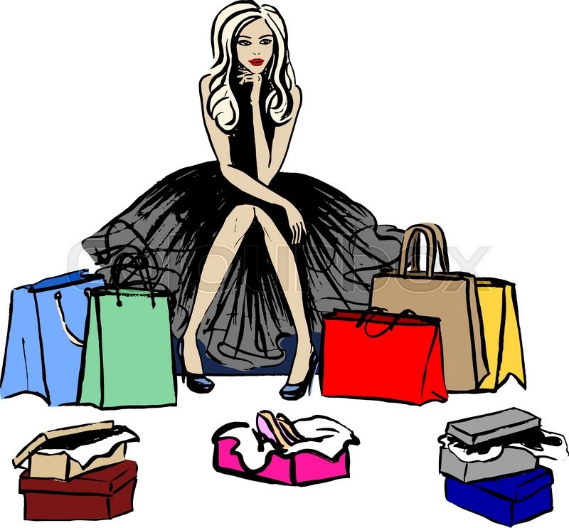 800x742 Fashion Illustration Of Thinking Woman In Shop With Shopping Bags