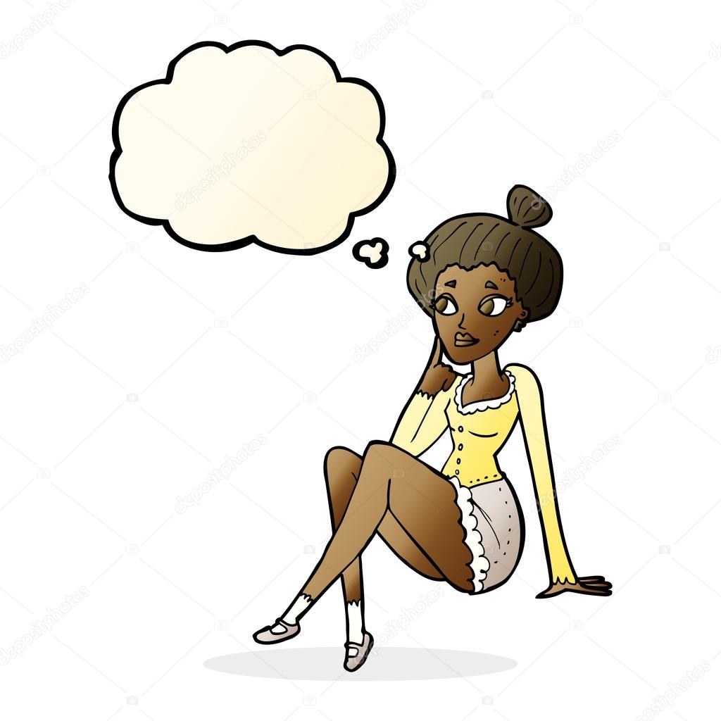 1024x1024 Cartoon Attractive Woman Sitting Thinking With Thought Bubble