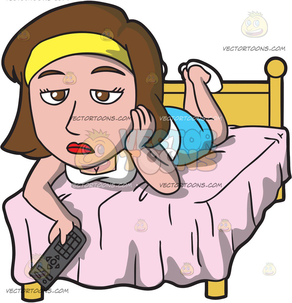 989x1024 A Bored Woman Watching Tv On Her Bed Cartoon Clipart