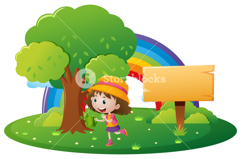 1000x660 Girl And Wooden Sign In The Park Illustration Royalty Free Stock