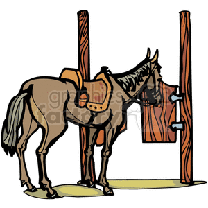 300x300 Royalty Free A Horse That Has A Saddle Walked Up To A Wooden